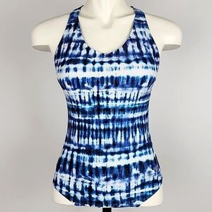 Speedo Women's Swimsuit Blue White Black Criss Cross Straps Back  Shelf Bra Sz 6